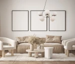 Lampa wisząca Larosa 8-punktowa w kolorze antycznego brązu i białym, z okrągłymi kloszami, zawieszona nad stolikiem w nowoczesnym wnętrzu. Widoczna w aranżacji z beżową sofą i jasnymi krzesłami, na tle białych ścian.