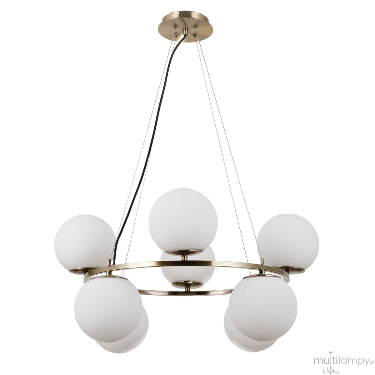 Lampa wisząca Larosa, 8-punktowa, w kolorze antycznego brązu i białym. Okrągła konstrukcja z sześcioma białymi kloszami w kształcie kul, zawieszona na cienkich linkach, widok z dołu w kierunku kloszy.