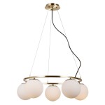 Lampa wisząca Larosa 5-punktowa w kolorze antycznego brązu z białymi szklanymi kulami. Ujęcie z boku, prezentujące pięć okrągłych kloszy zawieszonych na cienkich linkach, zamocowanych na metalowej obręczy. Tło białe.