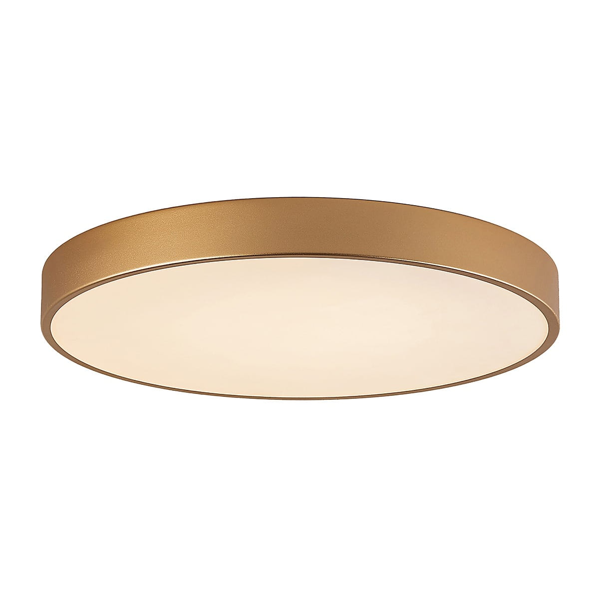 Plafon Orbital D60 LED w kolorze złotym, o okrągłym kształcie i matowej powierzchni. Zainstalowany na suficie, emituje światło o temperaturze 4000K. Prosty, elegancki design, idealny do nowoczesnych wnętrz.