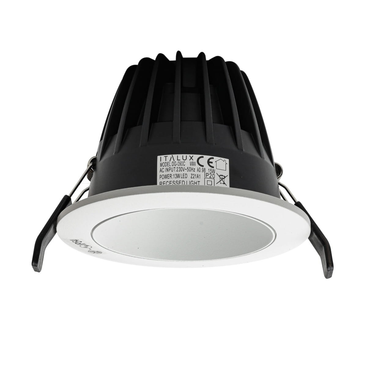 Oprawa do zabudowy Rezzo D11 LED 4000K w kolorze białym, z okrągłą, gładką powierzchnią. Widoczny czarny radiator z tyłu, zamontowane metalowe zaczepy. Zbliżenie z góry, pokazujące detal konstrukcji.