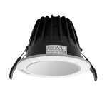 Oprawa do zabudowy Rezzo D11 LED 4000K w kolorze białym, z okrągłą, gładką powierzchnią. Widoczny czarny radiator z tyłu, zamontowane metalowe zaczepy. Zbliżenie z góry, pokazujące detal konstrukcji.