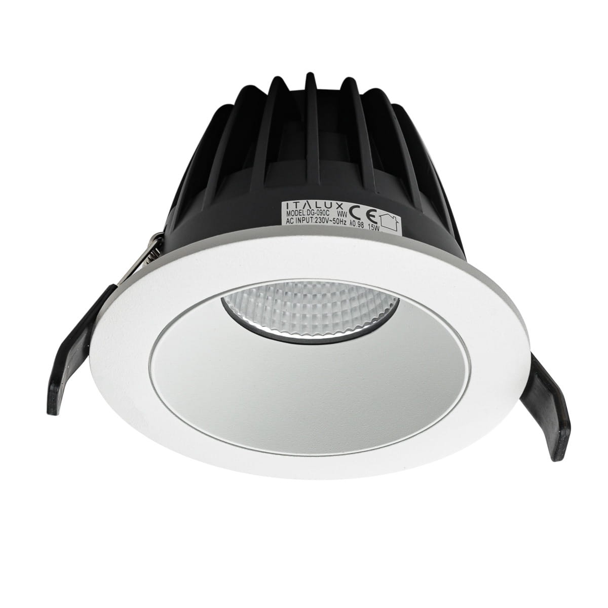 Oprawa do zabudowy Rezzo D11 LED o barwie światła 4000K, w kolorze białym. Ujęcie frontalne, widoczna okrągła rama z matowym wykończeniem i żebrowanym wnętrzem lampy. Uchwyt montażowy po bokach, konstrukcja z tworzywa sztucznego i metalu.