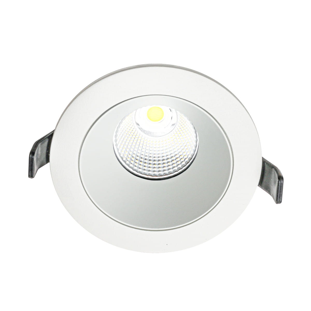 Oprawa do zabudowy Rezzo D11 LED w kolorze białym o średnicy 50 mm, z okrągłym kształtem. W centralnej części znajduje się żarówka LED o temperaturze barwowej 4000K, z wyraźnym, teksturowanym kloszem. Uchwyty montażowe po bokach.