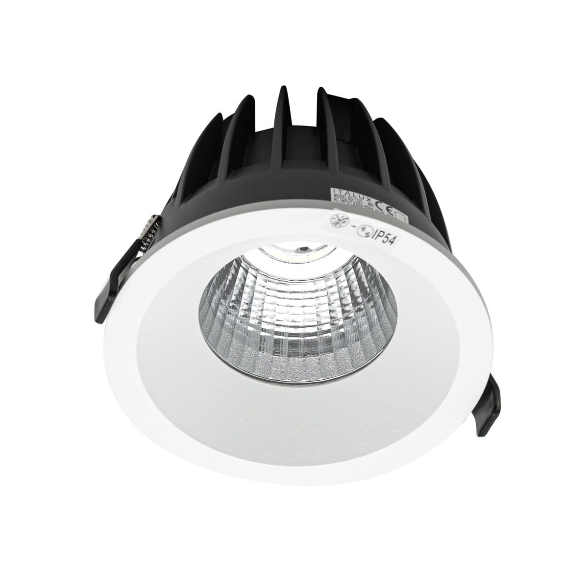 Oprawa do zabudowy Rezzo D13,8 LED 4000K w kolorze białym, z metalowym kloszem i żebrowanym chłodzeniem. Widok z góry, zbliżenie na źródło światła. Wymiary: średnica 13,8 cm, przeznaczona do montażu w sufitach podwieszanych.