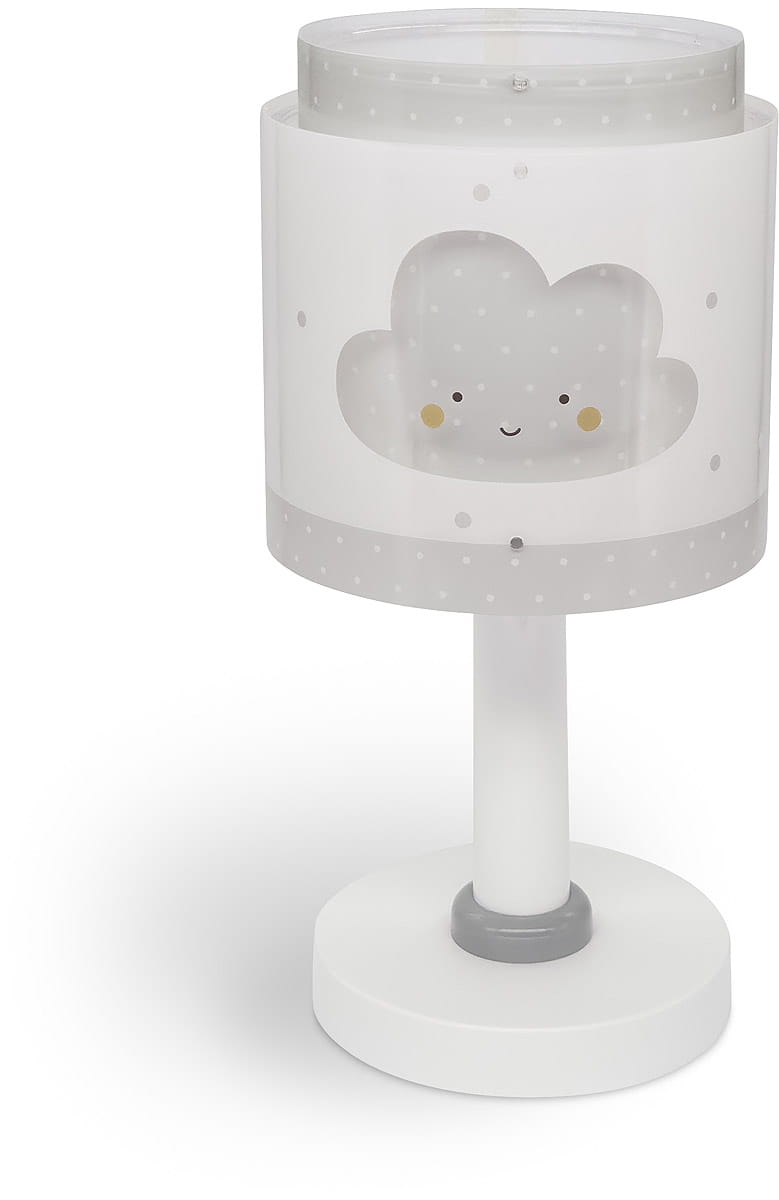 Lampka nocna Chmurka 1-punktowa 76011E w kolorze białym z szarym abażurem z wzorem kropek. Na abażurze znajduje się uśmiechnięta chmurka. Produkt stoi na okrągłej podstawie z białego plastiku, z szarym elementem na środku.