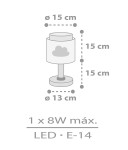 Lampka nocna w kształcie chmurki, z abażurem o średnicy 15 cm i wysokości 15 cm. Podstawa o średnicy 13 cm, przeznaczona na żarówki LED E-14, maks. 8W. Prosty, nowoczesny design, idealna do pokoju dziecięcego.