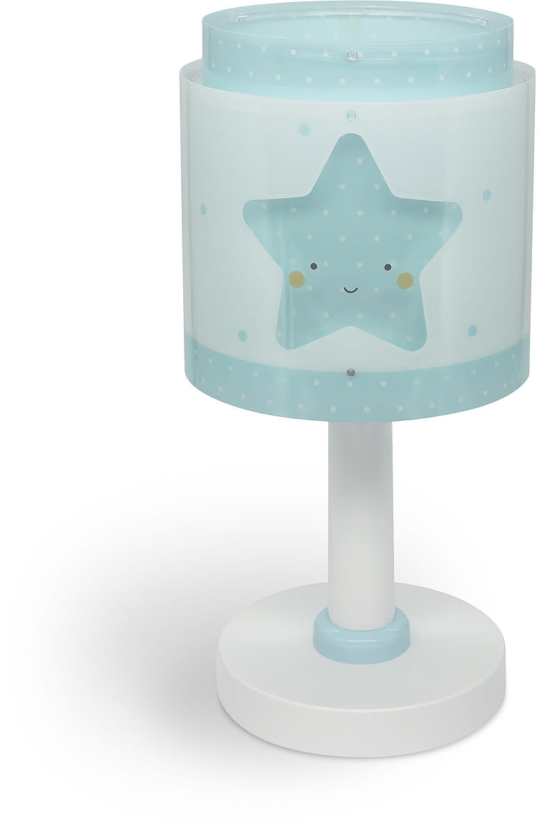 Lampka nocna Gwiazdka 1-punktowa 76011T w kształcie cylindrycznym, z niebieskim abażurem zdobionym białymi kropkami i uśmiechniętą gwiazdką. Biała podstawa z niebieskim detalem. Ujęcie frontalne, produkt stojący na gładkiej powierzchni.