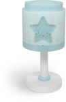 Lampka nocna Gwiazdka 1-punktowa 76011T w kształcie cylindrycznym, z niebieskim abażurem zdobionym białymi kropkami i uśmiechniętą gwiazdką. Biała podstawa z niebieskim detalem. Ujęcie frontalne, produkt stojący na gładkiej powierzchni.