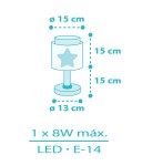 Lampka nocna Gwiazdka 1-punktowa, wysokość 15 cm, średnica klosza 15 cm, podstawy 13 cm. Klosz z dekoracją gwiazdki, zasilana LED, moc maksymalna 8W, gniazdo E-14. Prosty, funkcjonalny design idealny do sypialni dziecięcej.