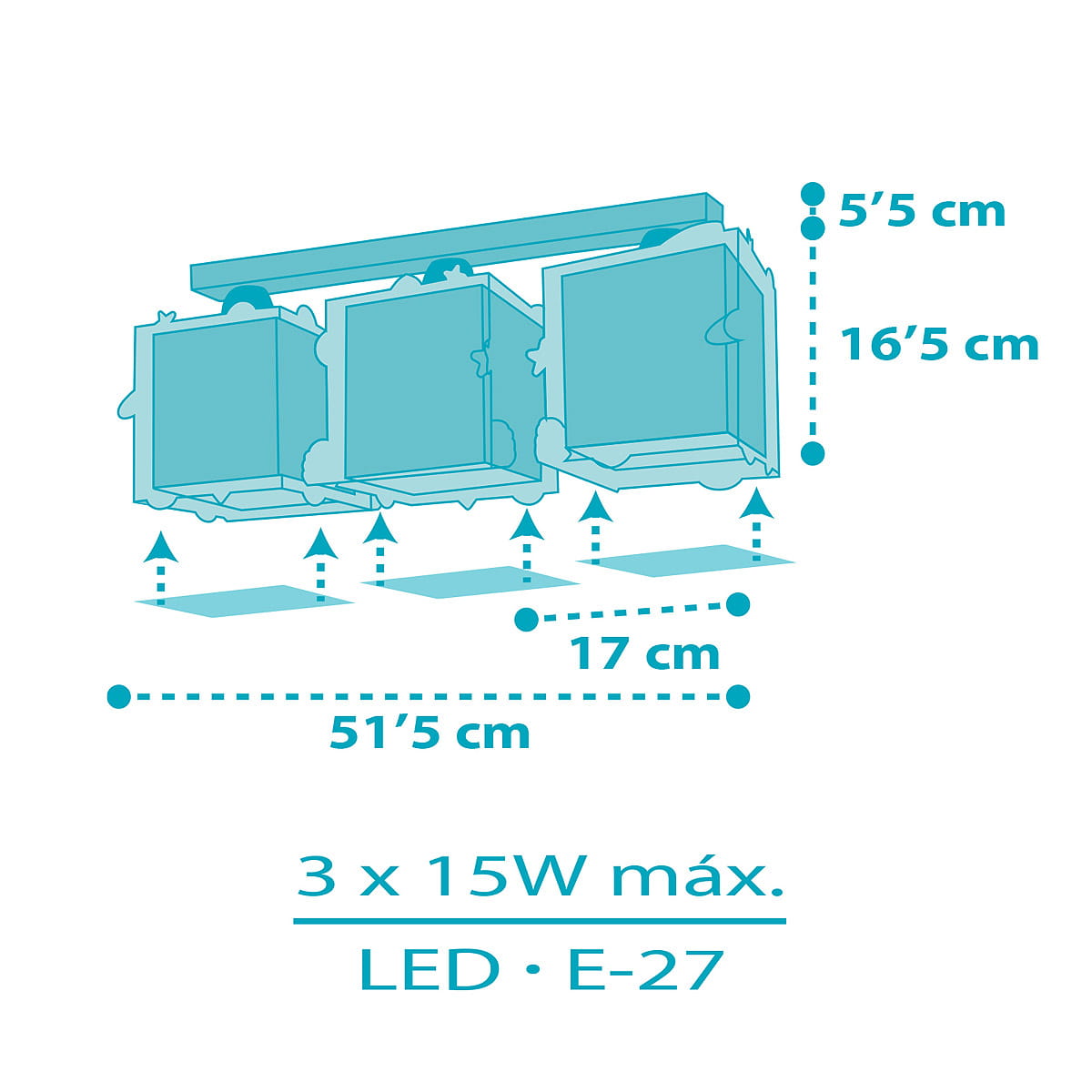 Lampa sufitowa 3-punktowa Rakieta 63353 w kolorze niebieskim, z trzema kwadratowymi kloszami. Wymiary: długość 51,5 cm, wysokość 17 cm. Zasilanie LED, trzonek E-27, maks. moc 3 x 15W. Ujęcie frontalne pokazujące szczegóły konstrukcji.