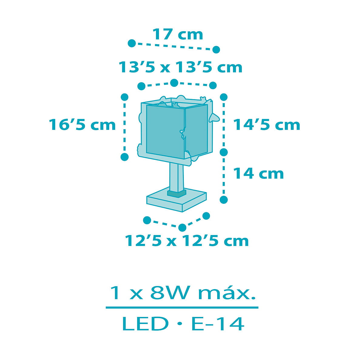 Rakieta lampka nocna 1-punktowa 63351, o wymiarach 17 cm wysokości i podstawie 12,5 x 12,5 cm. Kształt prostokątny, wykonana z materiału, z miejscem na żarówkę LED E-14, max 8W. Prosta konstrukcja, idealna do sypialni lub pokoju dziecięcego.
