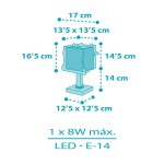 Rakieta lampka nocna 1-punktowa 63351, o wymiarach 17 cm wysokości i podstawie 12,5 x 12,5 cm. Kształt prostokątny, wykonana z materiału, z miejscem na żarówkę LED E-14, max 8W. Prosta konstrukcja, idealna do sypialni lub pokoju dziecięcego.