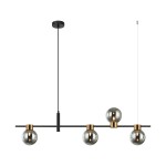 Lampa wisząca Bletter 4-punktowa w kolorze czarnym z dymionymi kloszami. Posiada prostą, metalową konstrukcję z mosiężnymi detalami. Klosze w kształcie kul, umieszczone na poziomej belce, zwisają z jednego przewodu.