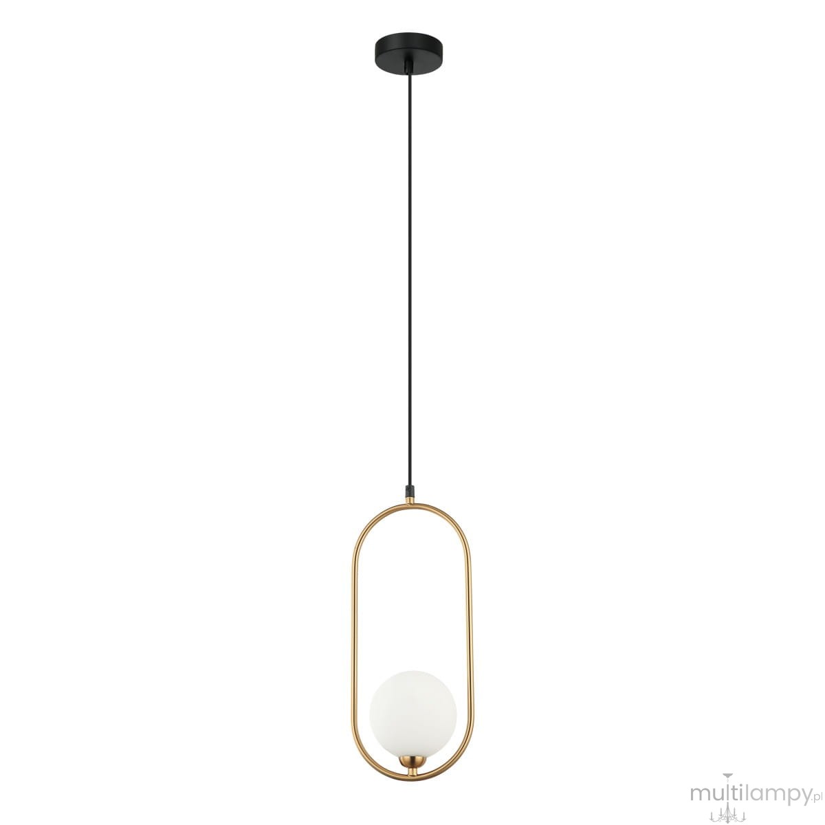 Lampa wisząca Lupus 1-punktowa w kolorze antycznego brązu z białym kloszem. Zawieszona na cienkim czarnym kablu, w formie owalnej ramy z kulistym źródłem światła w centralnej części. Tło białe, minimalistyczne.