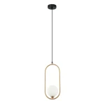 Lampa wisząca Lupus 1-punktowa w kolorze antycznego brązu z białym kloszem. Zawieszona na cienkim czarnym kablu, w formie owalnej ramy z kulistym źródłem światła w centralnej części. Tło białe, minimalistyczne.