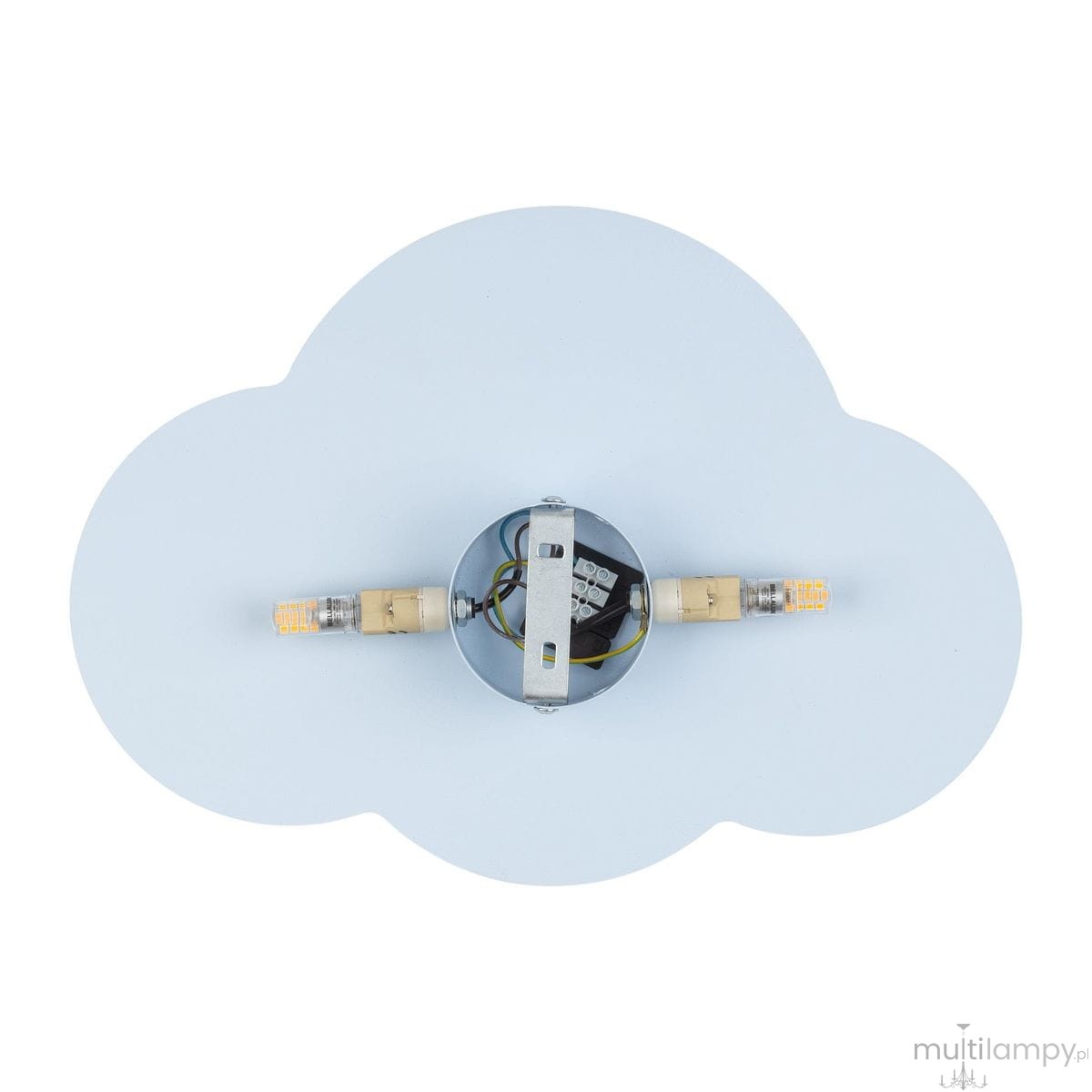 Kinkiet Cloud 2-punktowy w kolorze błękitnym, w kształcie chmury. Zawiera dwa gniazda na żarówki, widoczne przewody oraz metalowy uchwyt montażowy. Z góry, na jednolitym tle, z wyraźnymi detalami.