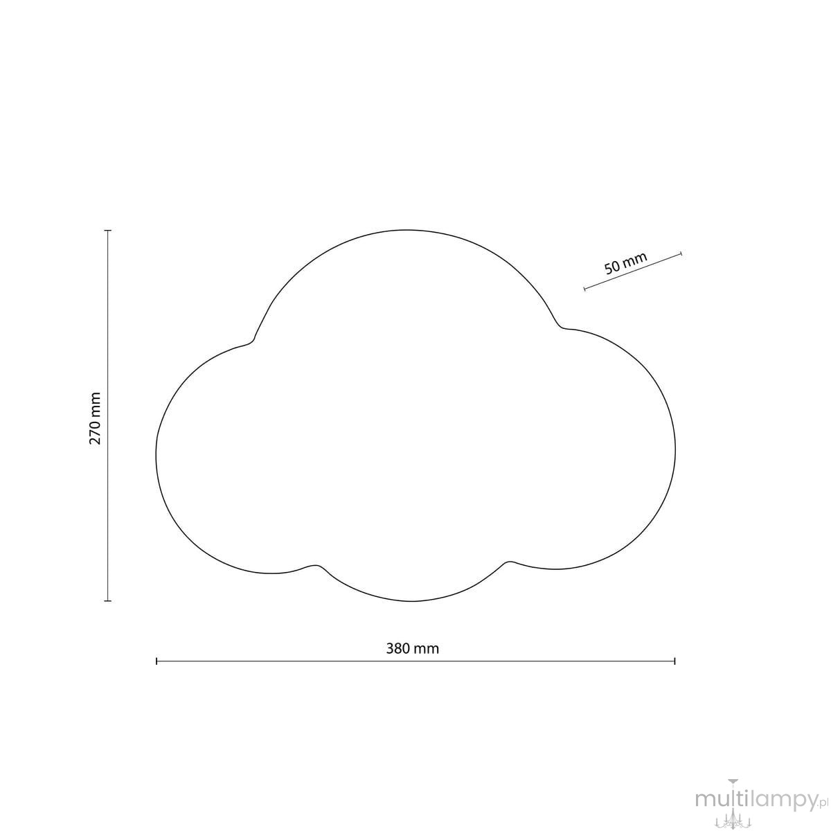 Błękitny kinkiet Cloud 2-punktowy w kształcie chmury, o wymiarach 380 mm szerokości, 270 mm wysokości i 50 mm głębokości. Prosty, nowoczesny design, idealny do dziecięcego pokoju lub przestrzeni tematycznych.