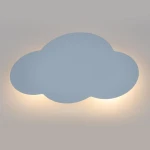 Błękitny kinkiet Cloud w kształcie chmurki, emitujący światło z dwóch punktów. Produkt ma zaokrąglone krawędzie i matową powierzchnię. Zawieszony na ścianie, idealny do pokoju dziecięcego lub strefy relaksu.