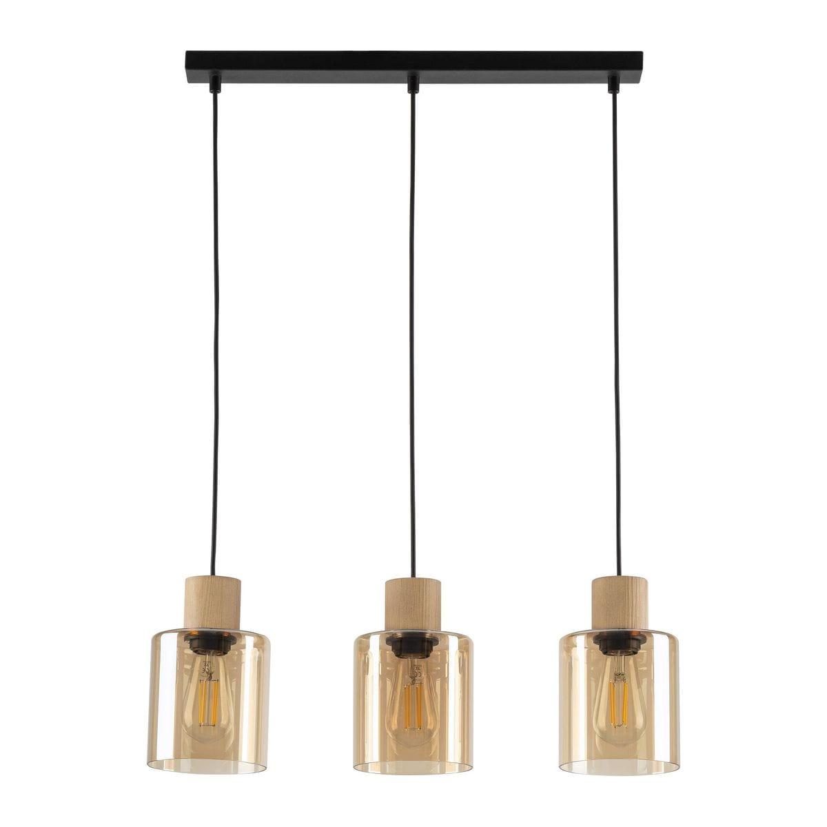 Lampa wisząca Orson 3-punktowa w kolorze czarnym i bursztynowym, z trzema kloszami w formie szklanych cylindrów, zawieszona na czarnych linkach. Klosze mają drewniane podstawy, a wewnątrz umieszczone są żarówki.