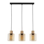 Lampa wisząca Orson 3-punktowa w kolorze czarnym i bursztynowym, z trzema kloszami w formie szklanych cylindrów, zawieszona na czarnych linkach. Klosze mają drewniane podstawy, a wewnątrz umieszczone są żarówki.