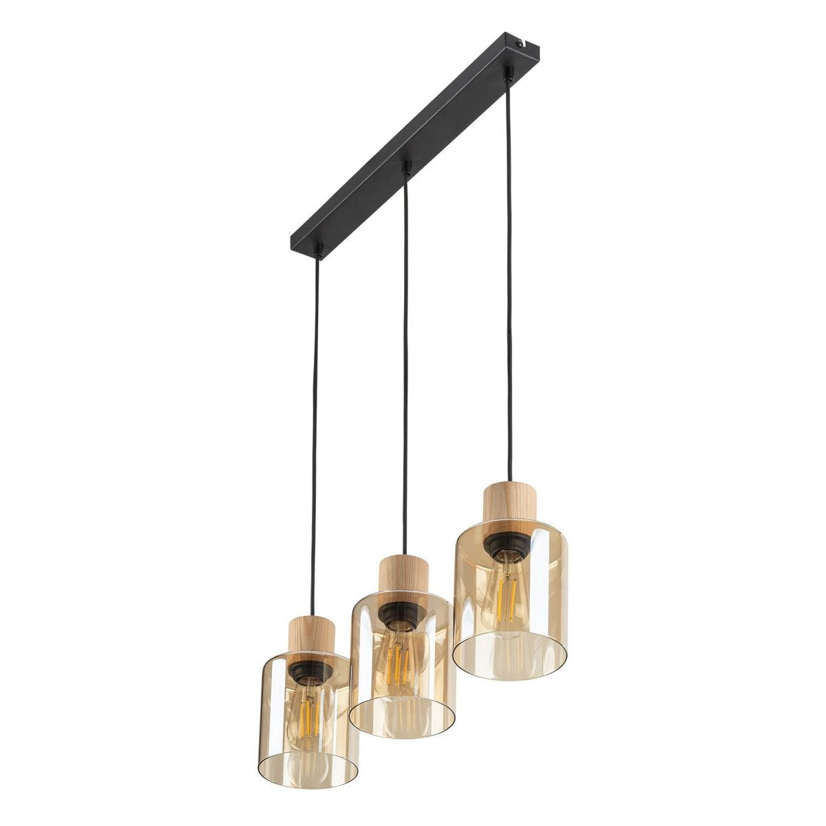 Lampa wisząca Orson 3-punktowa w kolorze czarnym i bursztynowym. Składa się z trzech szklanych kloszy z drewna na górze, zawieszonych na czarnych linkach. Klosze mają okrągły kształt, a wewnątrz widoczne żarówki. Ujęcie frontalne.