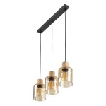 Lampa wisząca Orson 3-punktowa w kolorze czarnym i bursztynowym. Składa się z trzech szklanych kloszy z drewna na górze, zawieszonych na czarnych linkach. Klosze mają okrągły kształt, a wewnątrz widoczne żarówki. Ujęcie frontalne.