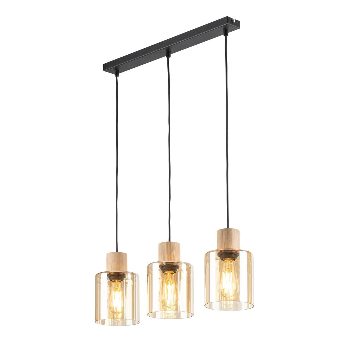 Lampa wisząca Orson 3-punktowa w kolorze czarnym i bursztynowym, z trzema szklanymi kloszami na drewnianych podstawach. Ujęcie frontalne, zawieszona na dwóch czarnych przewodach, z widocznymi żarówkami w środku.