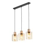 Lampa wisząca Orson 3-punktowa w kolorze czarnym i bursztynowym, z trzema szklanymi kloszami na drewnianych podstawach. Ujęcie frontalne, zawieszona na dwóch czarnych przewodach, z widocznymi żarówkami w środku.