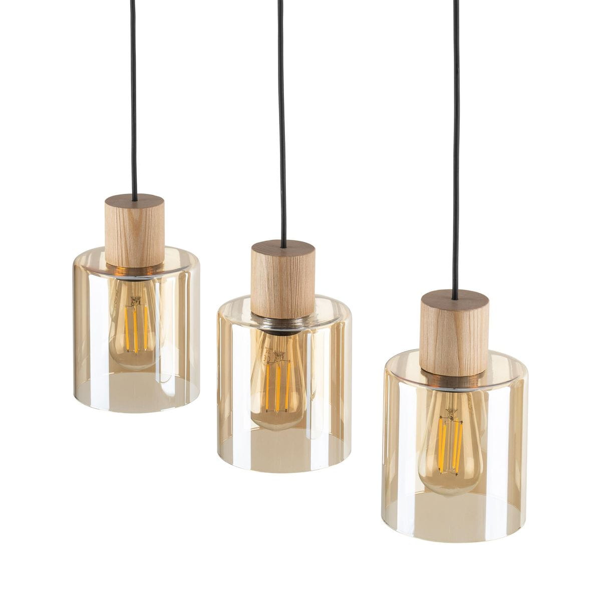 Lampa wisząca Orson 3-punktowa w kolorze czarnym i bursztynowym, z trzema szklanymi kloszami w kształcie cylindrów, zawieszonymi na czarnych kablach. Każdy klosz posiada drewniane wykończenie u góry i widoczną żarówkę.