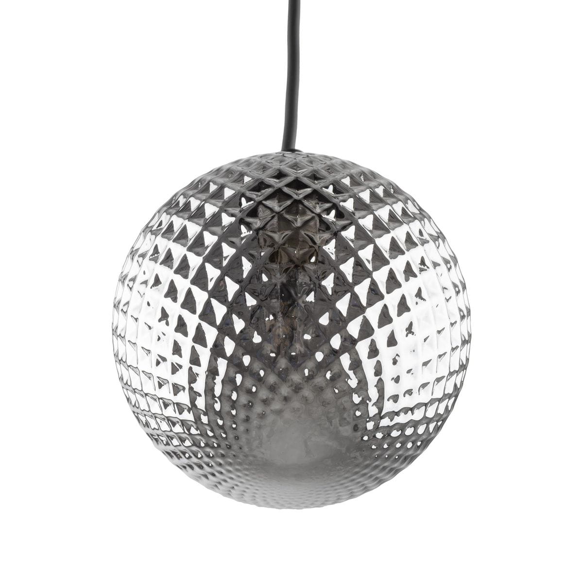 Czarna lampa wisząca Elena 1-punktowa z przezroczystym kloszem o fakturze w diamenty. Klosz w kształcie kuli, zawieszony na cienkim przewodzie, idealna do nowoczesnych wnętrz.