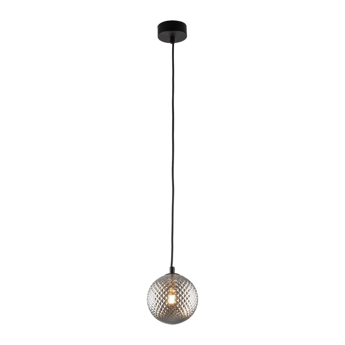 Lampa wisząca Elena 1-punktowa w kolorze czarnym z przezroczystym kloszem o diamentowej fakturze. Zawieszona na cienkim, czarnym przewodzie, montowana do sufitu. Prosta forma, idealna do nowoczesnych wnętrz.