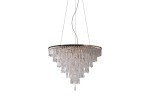 Lampa wisząca Kalabria XL 12-punktowa w kolorze złotym, o okrągłym kształcie. Zawieszona na cienkich linkach, zdobiona kryształowymi elementami, tworzy efektowne oświetlenie. Widok z przodu, prezentujący elegancki design i przejrzystość materiałów.