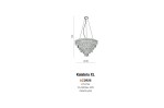 Lampa wisząca Kalabria XL w złotym kolorze, 12-punktowa, wykonana z metalu i kryształu. Okrągła podstawa z wiszącymi elementami, wymiary: średnica 80 cm, wysokość 150 cm. Produkt zawieszony w pionie, na białym tle.