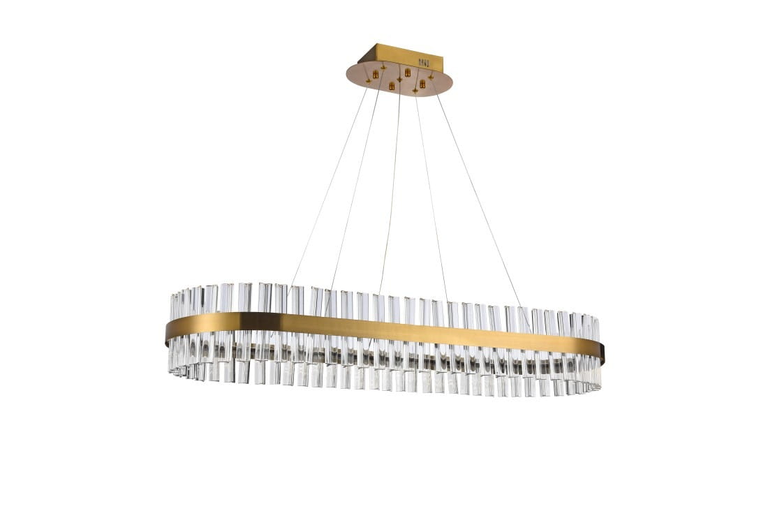 Lampa wisząca Francesca 100 LED w kolorze mosiądzu z przezroczystymi, szklanymi elementami. Owalny kształt z dekoracyjnym pierścieniem na środku, zawieszona na cienkich linkach. Ujęcie frontalne, z widocznym sufitem.