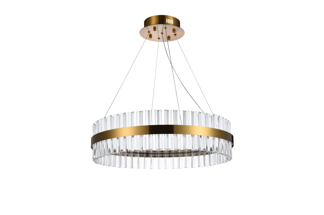 Lampa wisząca Francesca D60 w kolorze mosiężnym, z okrągłym abażurem z przezroczystych elementów. Zawieszona na linkach, prezentuje elegancki design. Widoczne oświetlenie LED wewnątrz, z delikatnymi detalami w postaci przeszkleń.