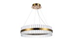 Lampa wisząca Francesca D60 w kolorze mosiężnym, z okrągłym abażurem z przezroczystych elementów. Zawieszona na linkach, prezentuje elegancki design. Widoczne oświetlenie LED wewnątrz, z delikatnymi detalami w postaci przeszkleń.