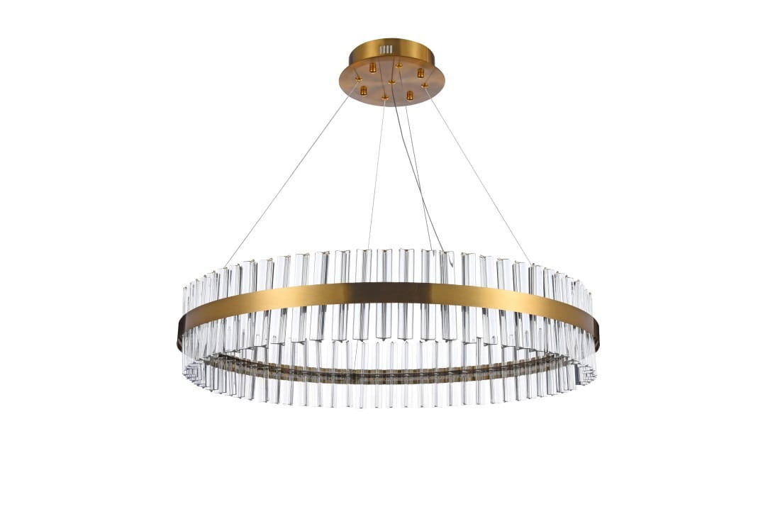 Lampa wisząca Francesca D80 LED w kolorze mosiądzu. Okrągła konstrukcja z przezroczystymi elementami, zawieszona na cienkich linkach. Widoczne okrągłe mocowanie sufitowe. Wysoka jakość wykonania, elegancki design.