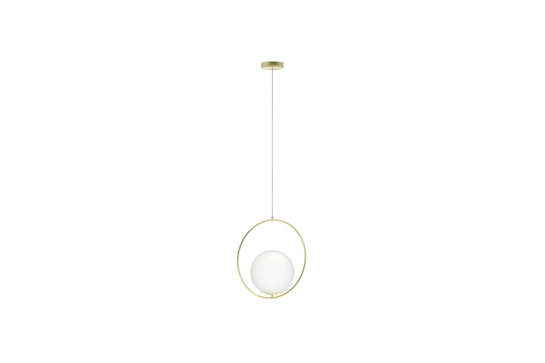 Lampa wisząca 1-punktowa Jumbo w kolorze złotym, z okrągłym metalowym stelażem i białym, szklanym kloszem. Powieszona na cienkim, przezroczystym przewodzie, prezentuje minimalistyczny design.