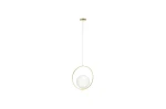 Lampa wisząca 1-punktowa Jumbo w kolorze złotym, z okrągłym metalowym stelażem i białym, szklanym kloszem. Powieszona na cienkim, przezroczystym przewodzie, prezentuje minimalistyczny design.