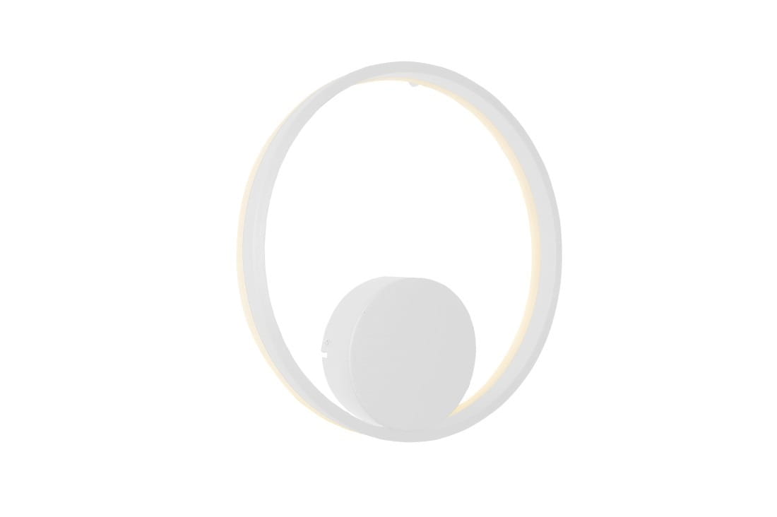 Biały kinkiet LED Halo D40 z okrągłym, minimalistycznym designem. Kinkiet montowany na ścianie, z okrągłym źródłem światła wewnątrz delikatnej ramy. Oświetlenie w ciepłej barwie, idealne do nowoczesnych wnętrz.