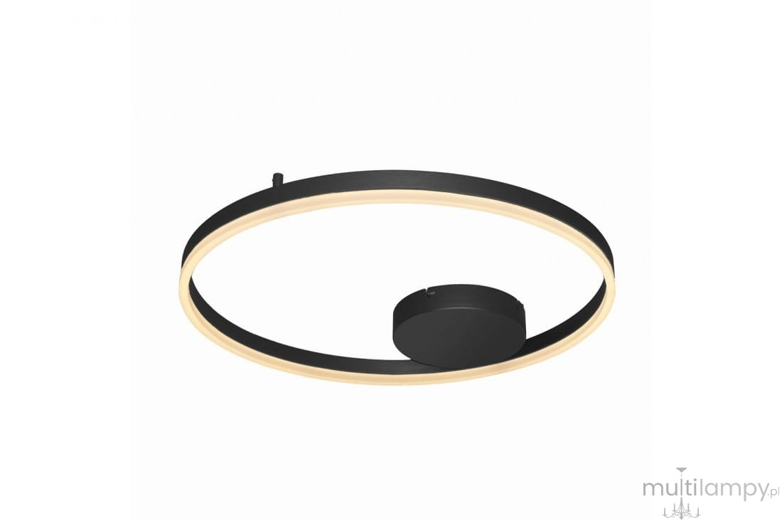 Czarna lampa sufitowa Halo D60 LED z okrągłym, płaskim kloszem, emitującym ciepłe światło. Zawieszona w pozycji poziomej, z centralnym mocowaniem. Nowoczesny design, idealna do salonów i sypialni.