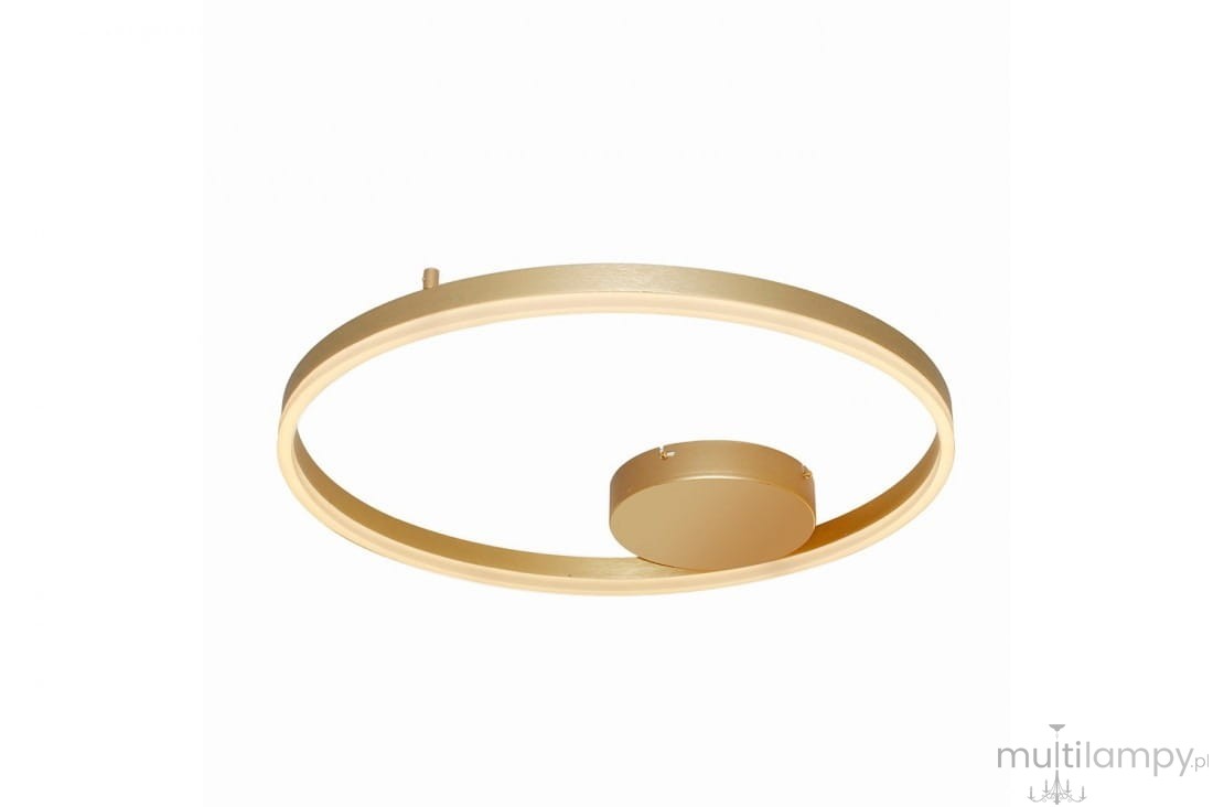 Złota lampa sufitowa Halo D60 LED o okrągłym kształcie, zamontowana w centralnej części. Posiada minimalistyczny design z metalowym wykończeniem. Widoczna jest okrągła podstawa oraz cienki, złoty pierścień. Tło białe, proste.