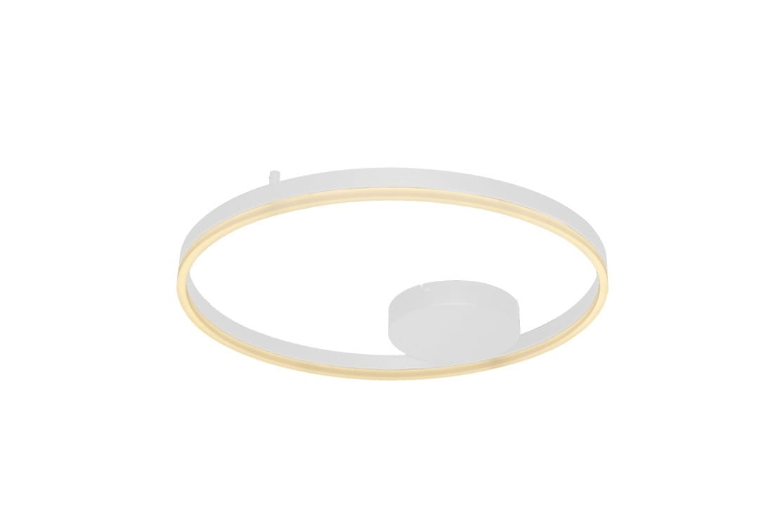 Biała lampa sufitowa Halo D60 LED w formie okrągłej, z subtelnym, ciepłym podświetleniem na zewnętrznej krawędzi. Ujęcie frontalne, produkt zamontowany na suficie, bez widocznych dekoracji, prosty design.