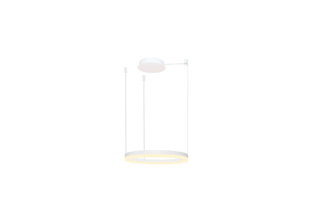 Lampa wisząca Halo D60 LED w kolorze białym, o okrągłym kształcie. Zawieszona na dwóch cienkich linkach, z białym sufitowym mocowaniem. Emituje ciepłe światło z dolnej krawędzi oprawy. Prosta, nowoczesna forma, idealna do różnych aranżacji wnętrz.