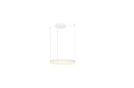 Lampa wisząca Halo D60 LED w kolorze białym, o okrągłym kształcie. Zawieszona na dwóch cienkich linkach, z białym sufitowym mocowaniem. Emituje ciepłe światło z dolnej krawędzi oprawy. Prosta, nowoczesna forma, idealna do różnych aranżacji wnętrz.