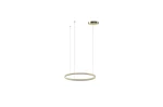 Złota lampa wisząca Halo D60 z jednopunktowym zawieszeniem. Okrągła, minimalistyczna konstrukcja z metalowym wykończeniem. Zawieszona na dwóch cienkich linkach, z okrągłym mocowaniem sufitowym. Tło białe, podkreślające elegancję lampy.