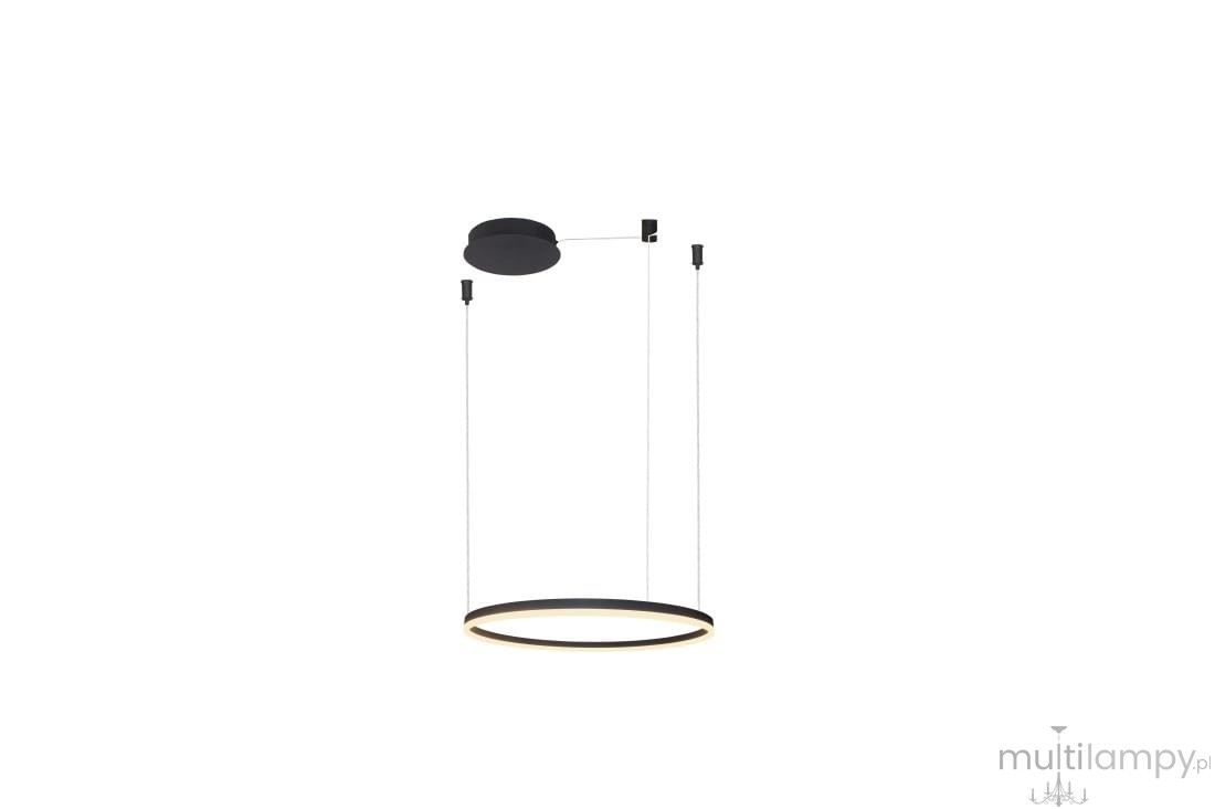 Czarna lampa wisząca Halo D60 LED, 1-punktowa, z okrągłą oprawą o złotej krawędzi. Produkt zawieszony na dwóch cienkich linkach, z okrągłym, płaskim sufitem montażowym. Prosty, nowoczesny design, idealny do różnych aranżacji wnętrz.