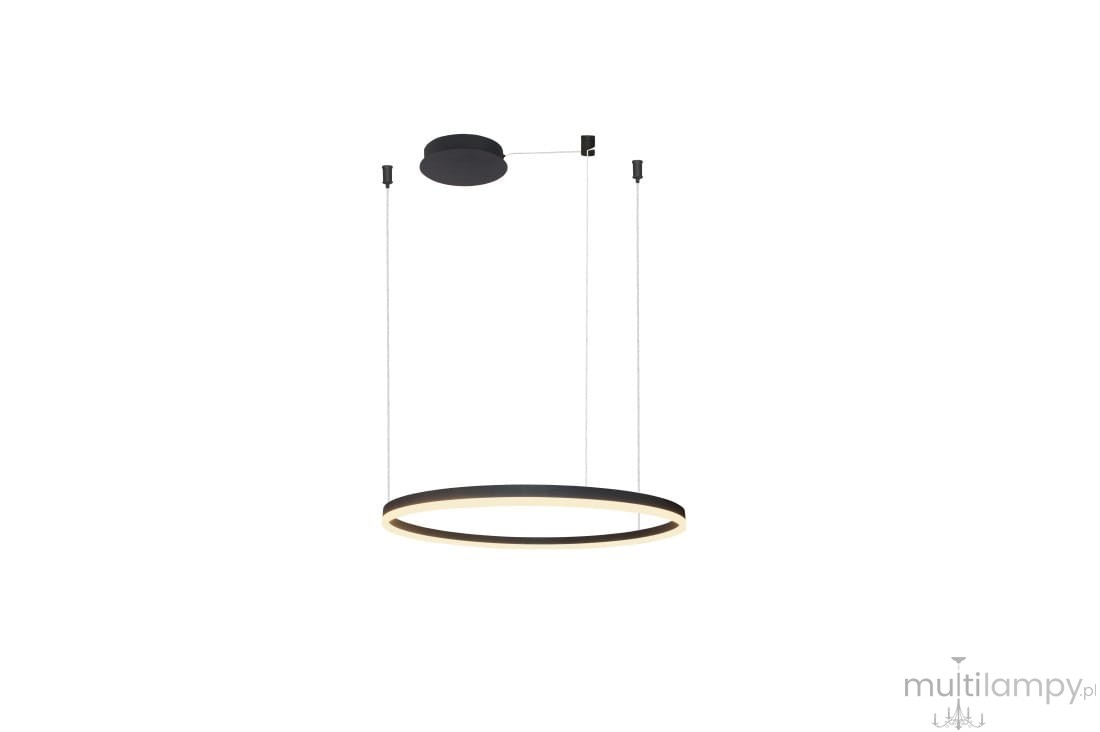 Czarna lampa wisząca Halo D80 LED o okrągłym kształcie z cienką, metalową oprawą oraz ciepłym światłem LED. Zawieszona na dwóch cienkich linkach, montowana do sufitu. Minimalistyczny design, idealna do nowoczesnych wnętrz.