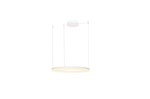 Lampa wisząca Halo D80 LED w kolorze białym, o okrągłym kształcie, zawieszona na dwóch cienkich linkach. Wyposażona w diody LED, emitujące ciepłe światło. Montaż sufitowy, minimalistyczny design, idealna do nowoczesnych wnętrz.